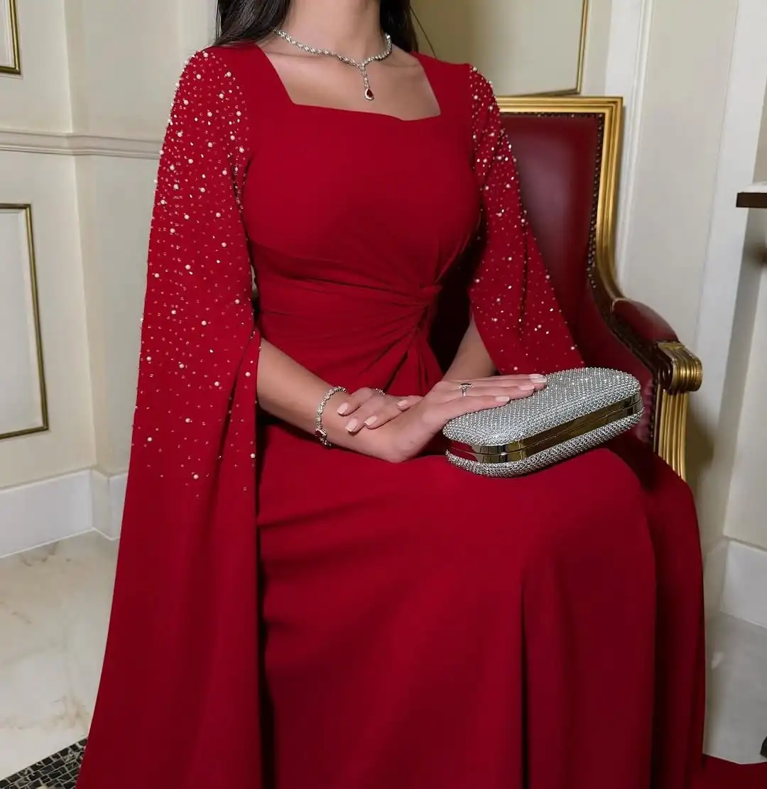 

Индивидуальные платья для выпускного вечера с квадратным вырезом и длинными рукавами, вечерние плиссированные вечерние платья с бисером, вечерние платья до щиколотки