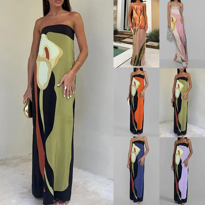 

2024 New Summer Sexy Backless Tube Top Printed Long Skirt Printed Slim Sleeveless Dress Long Skirt Loose Straight Backless Robe