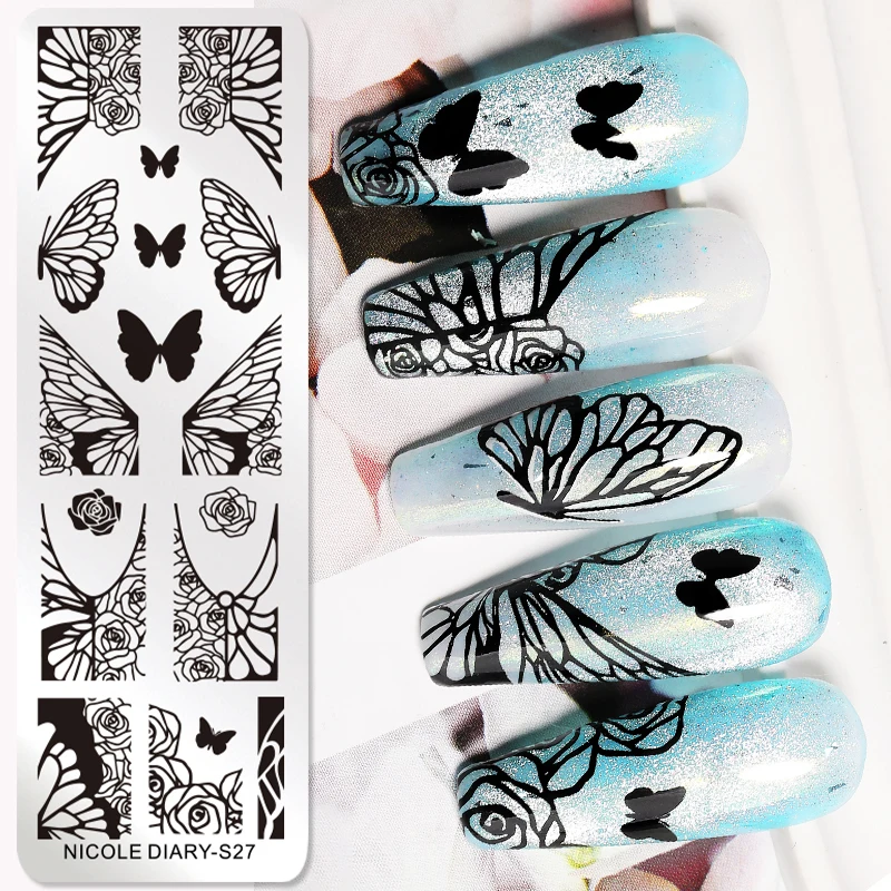 NICOLE DIARY Butterfly Nail Art Stamping Plates Rose Flower Floral Line Printing Stencil Nail Stamp Template Nail Printing Tool