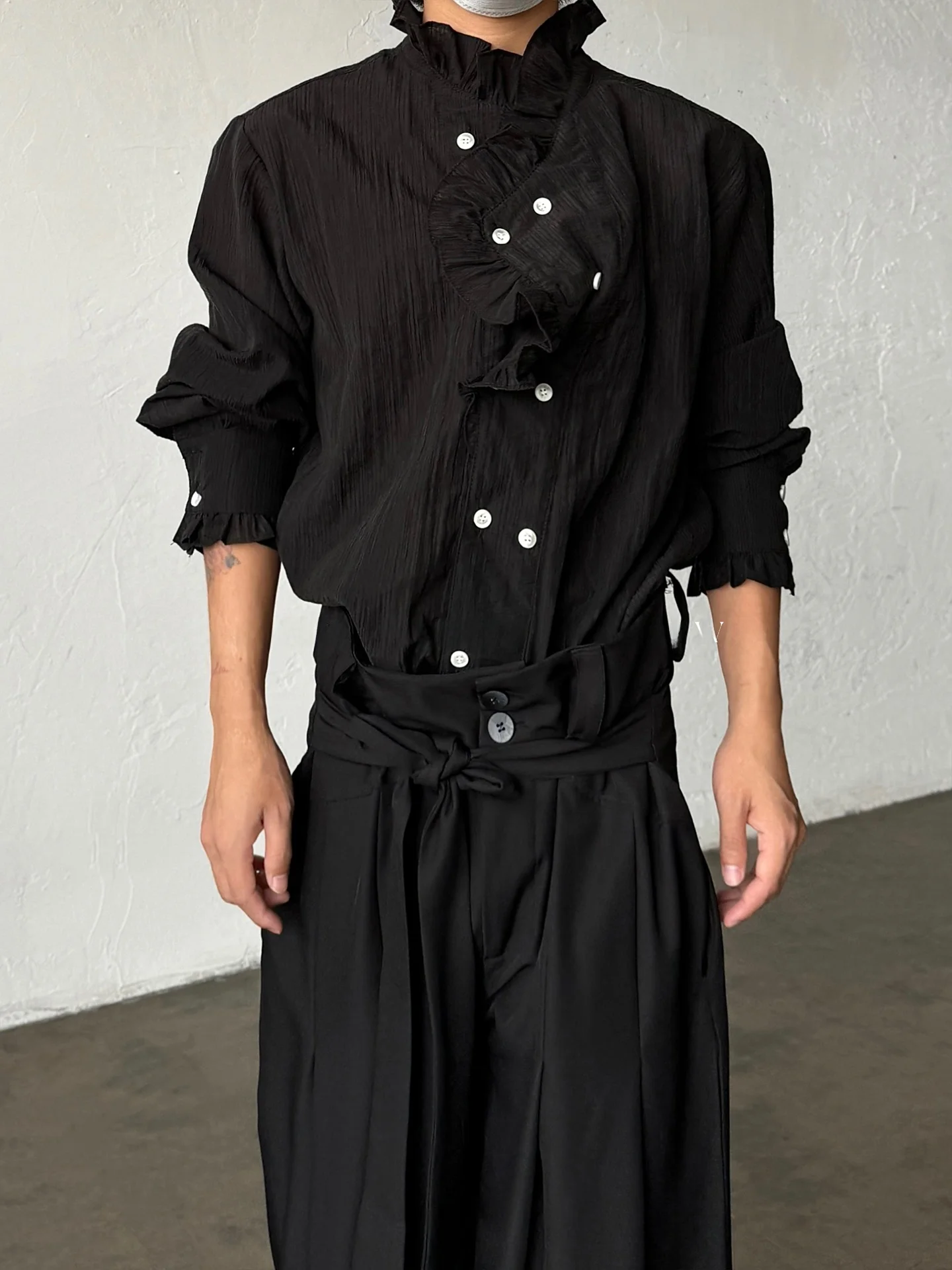 Retro Court Style Long Sleeve Shirt with Earlet Lace Collar Unisex Neutral Style Breathable Sunscreen Lightweight Regular Fit