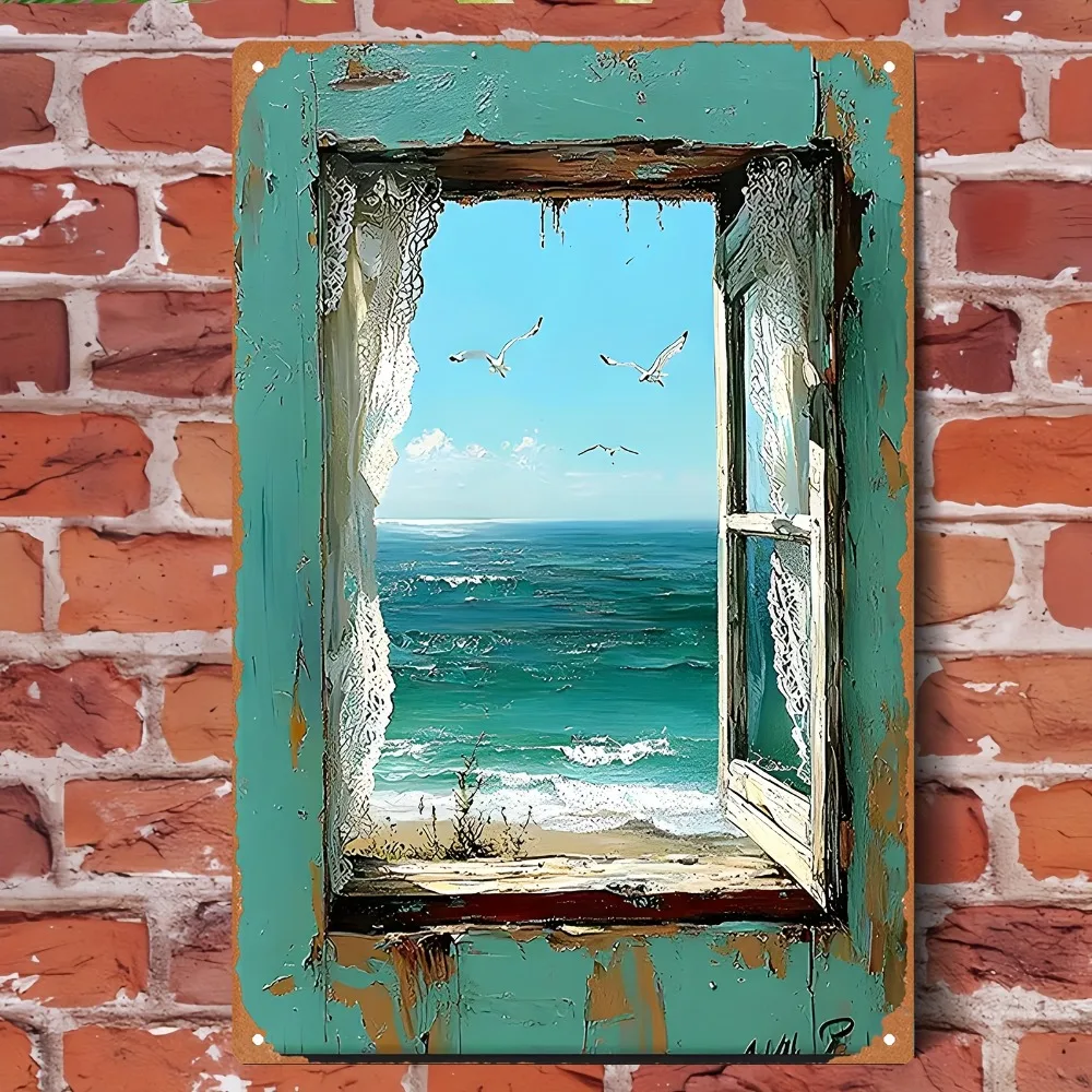 Letrero Metálico Vintage 2D - Pintura Retro de Gaviota junto al Mar con Ventana Rota, 20x30cm, Decoración de Pared para el Ho