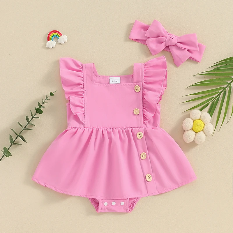

Infant Toddler Baby Girl 2 Piece SummerSet Solid Color Square Neck Fly Sleeve Button Down Romper Dress + Headband Outfits