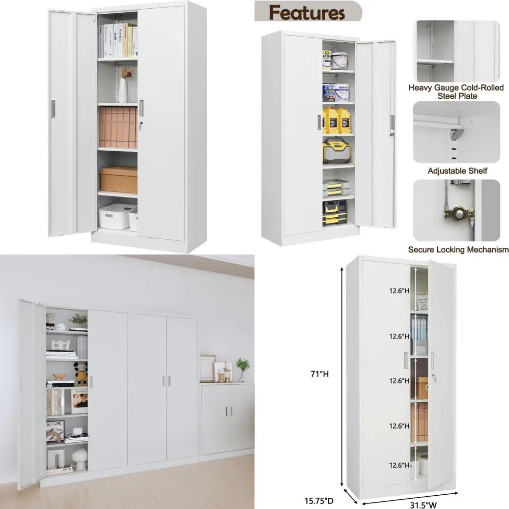 

Металлические шкафы для хранения с 5 регулируемыми полками, запирающийся шкаф для хранения для гаража, офиса, школы - белый