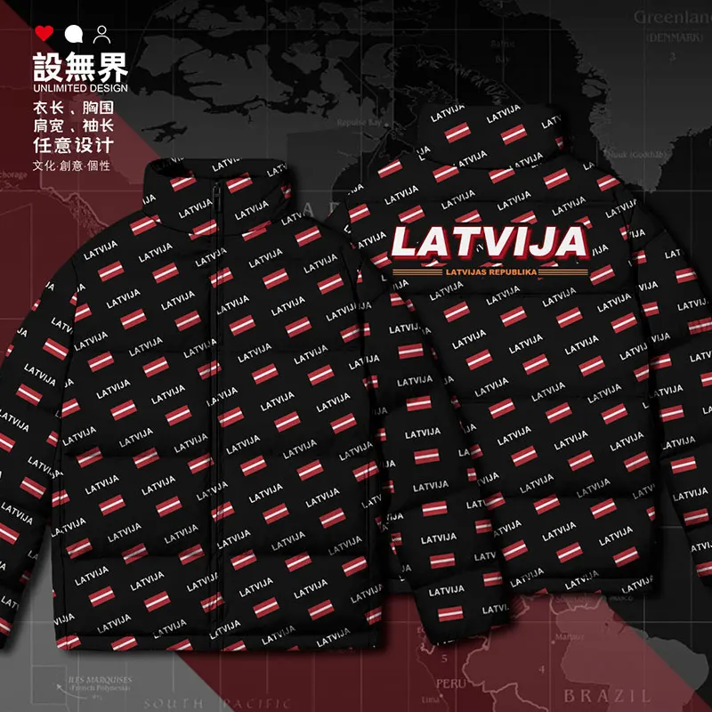 Latvia Latvija Latvian LVA country flag White duck down Jackets Warm stand collar fashion Man Outdoor Design Winter down coat