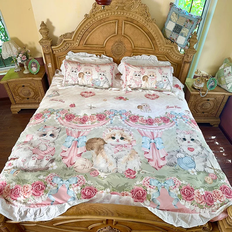 

100%Cotton Cartoon Lovely Duvet Cover Set, Cat Rabbit Dogs Pocket Watch Amusement Park Pink Sweet Princess Style bedding Set