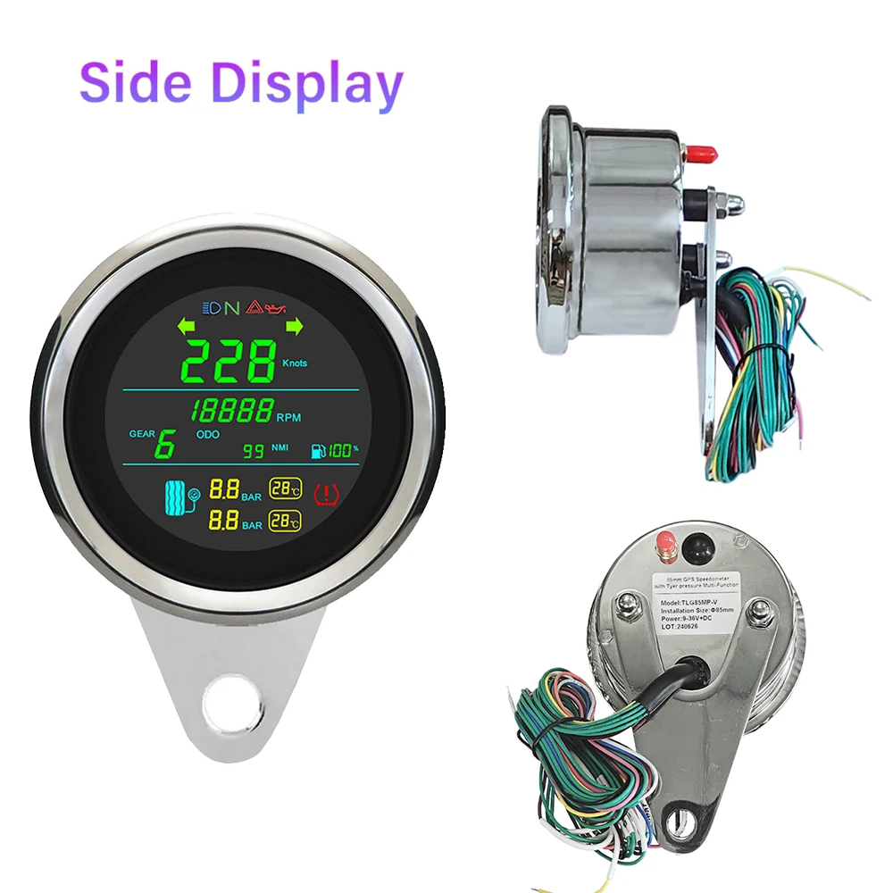 Motorbike Universal 85mm Digital GPS Speedometer Odometer RPM Voltmeter Fuel Level with Tire Pressure Temperature Alarm 9-32V