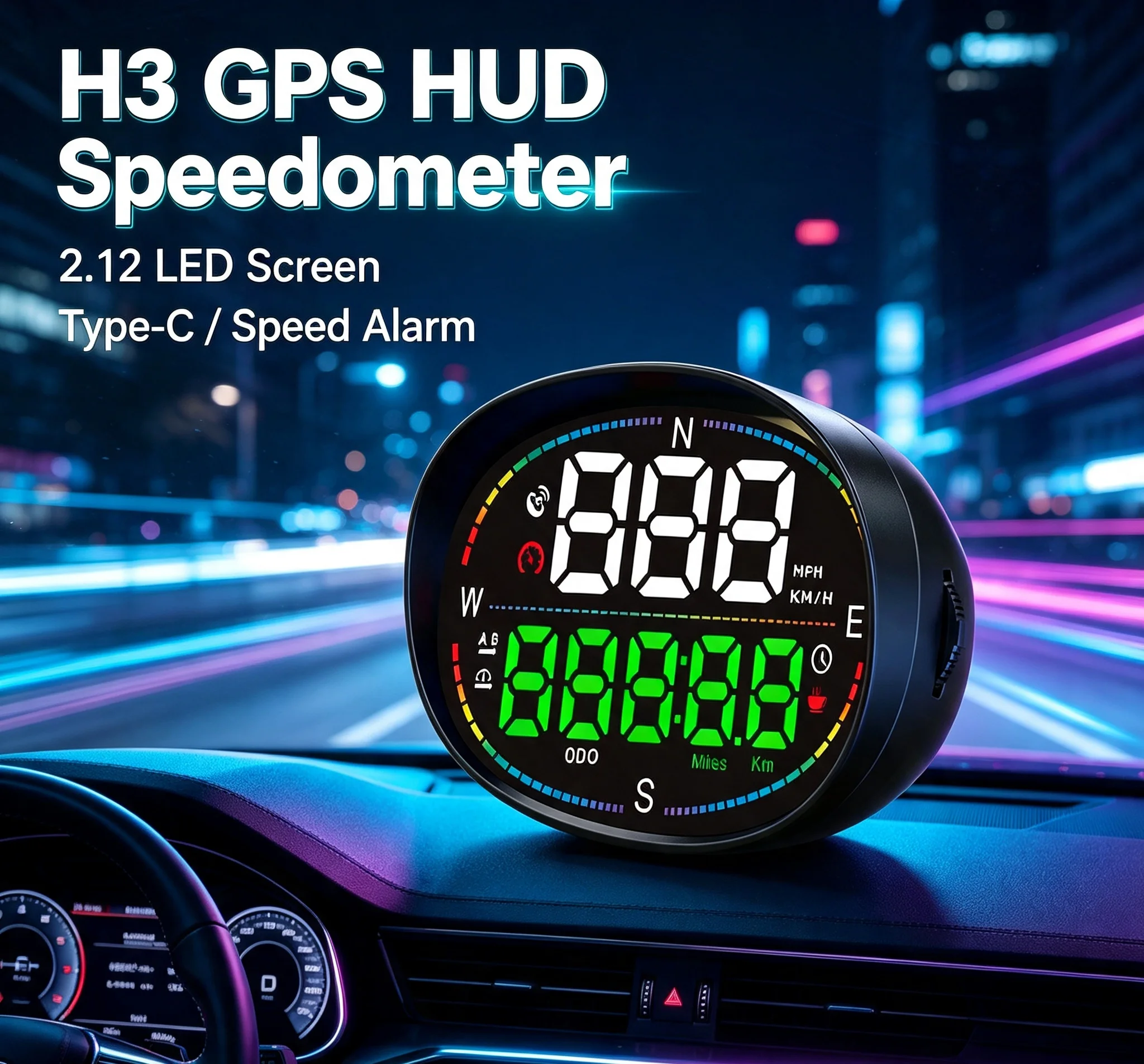 Hot Sale 4-Interface to Switch HUD H3 Real-time 2inch LED Car GPS Head up Display with Speed Alarm Speedometer Mileage Compass