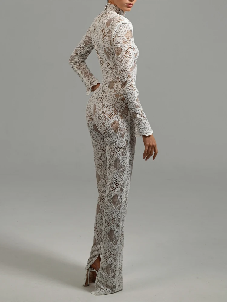 Elegant Black White Lace Bodysuit Jumpsuit with Flowing Details – Full Length and Sheer Design Bodycon Cocktail Parties Wear