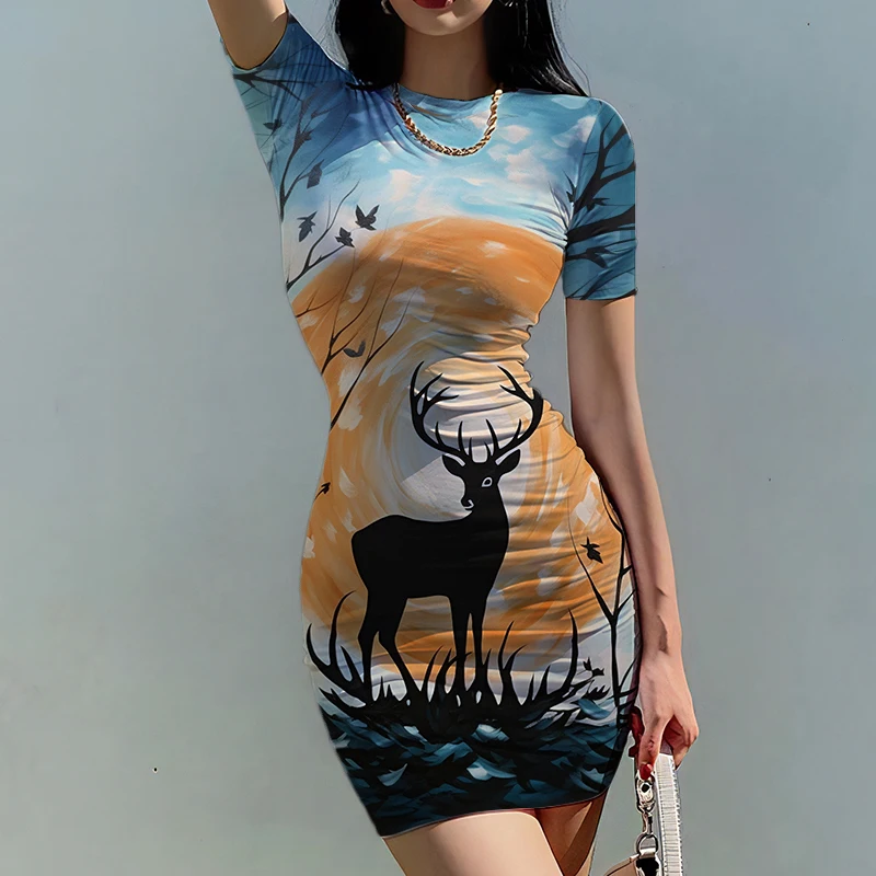 Summer new lady slim dress deer moon 3D printed lady dress beautiful lady slim dress fashion trend lady slim dress