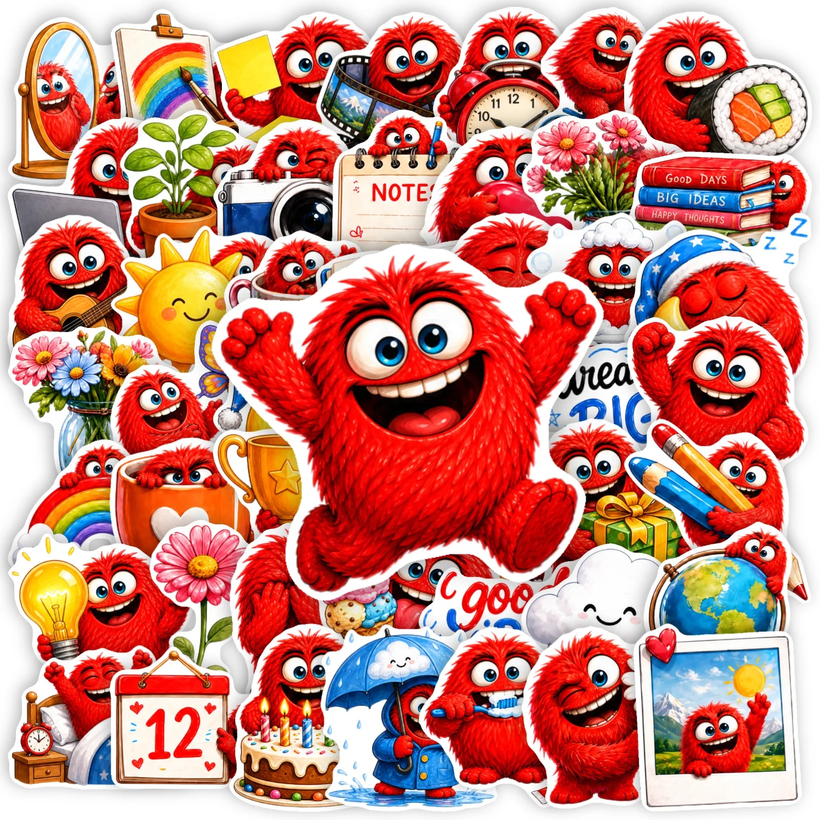 50Pcs Cute Red Monster Meme Stickers Funny Cartoon Little Creature Positive Phrase DIY Journal Notebook Luggage Decor Decals