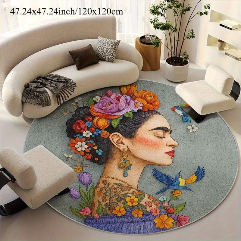 Frida Kahlo Floral Portrait Art Round Rug Flannel Living Room Bedroom Decor Bohemian Style Floor Mat Cultural Statement Piece