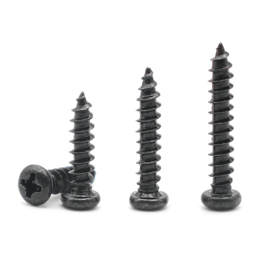 100szt M1 M1.2 M1.4 M1.5 M1.7 M2 M2.3 M2.6 M3 M3.5 M4 M5 Czarna śruba samogwintująca ze stali węglowej z łbem krzyżowym Phillips z okrągłym łbem