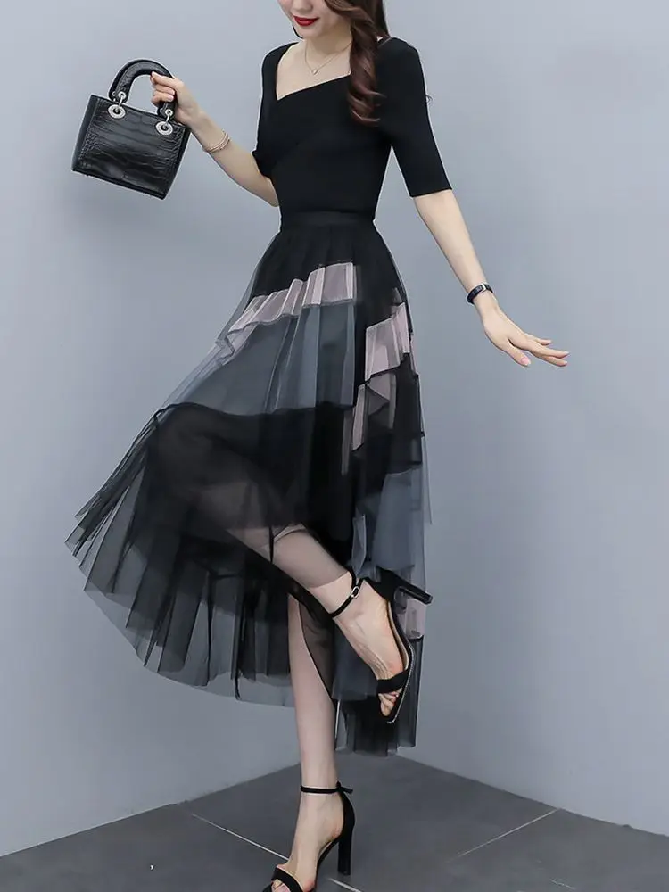 New Fashion Irregular Mesh Skirt Women Summer Contrast Color High Waist Slim layering A-line Party Skirts Elegant Jupe