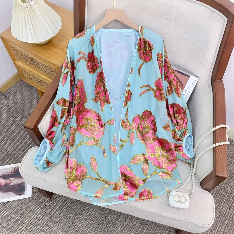 

New Chinese Sle Velvet irts Women's Outerwear Embroidered Floral T Tops Breathable Loose Fit Long Sve V-Ne Cardi...