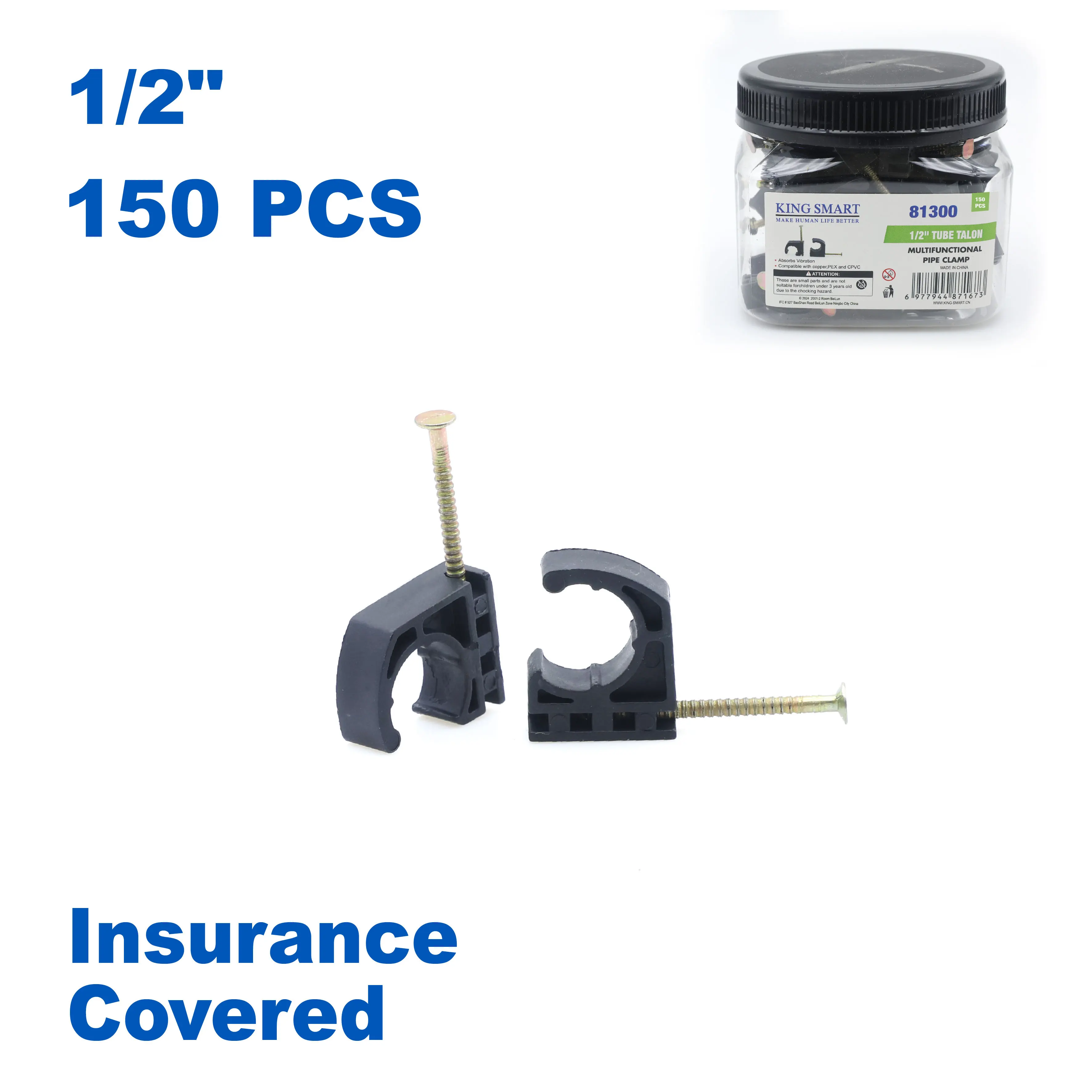 

KING SMART 1/2" Half Clamp J-Hook with Nail For Pex, Copper, CPVC Pipe and Other Line and Cable Support; 150 Pcs/Case; 81300