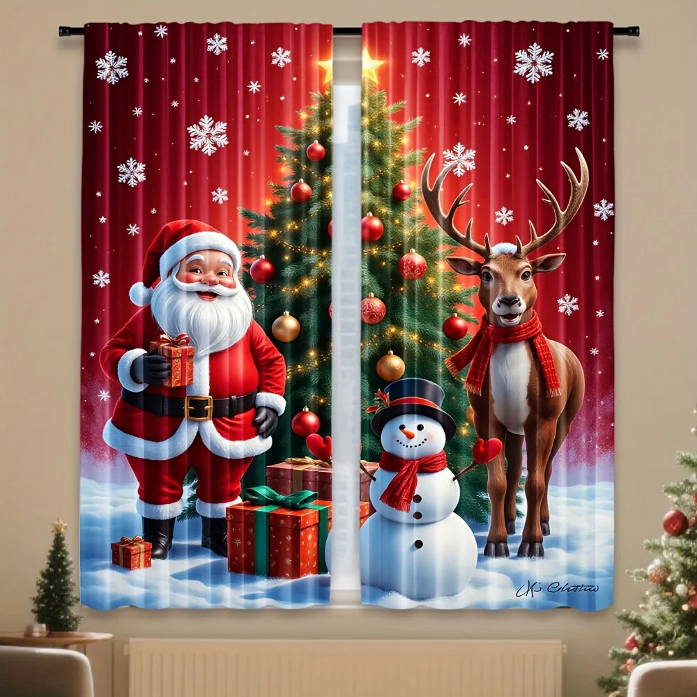 Christmas Holiday Scene Curtain Red Santa Snowman Reindeer Festive Xmas Window Dressing Curtain