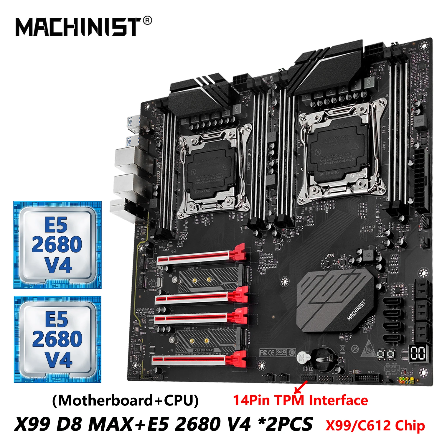 MACHINIST X99 D8 MAX Dual CPU Motherboard Optional Combo Xeon E5 2680 V4 LGA 2011-3 CPU *2 and DDR4 2*16GB RAM TPM2.0