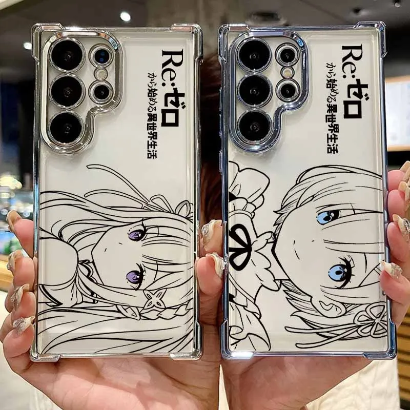 Coque de téléphone anti-chute plaquée, motif Anime mignon Rem Emilia, pour Samsung S26 S25 Edge S24 S23 S22 S21 S20 FE Ultra Plus Lite