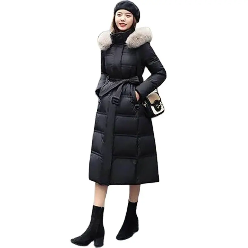 

Fashion New Down Women's Mid-length Over-the-knee Loose Hooded Slim Fit And Thin Big Fur Collar Winter Warm Women