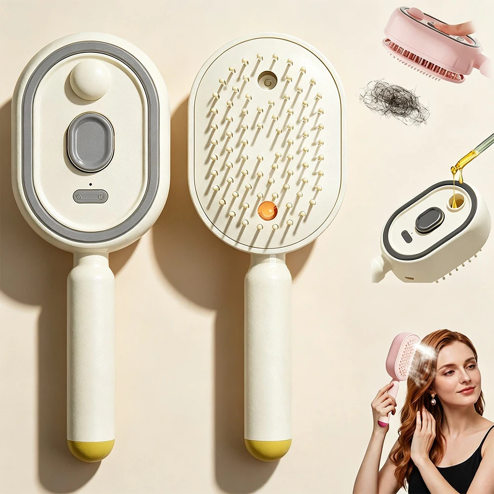 Electric Spray Air Cushion Massage Comb, Grooming Styling Brush with Self-Cleaning, Anti-Tangle for Both Long/Short Hairs