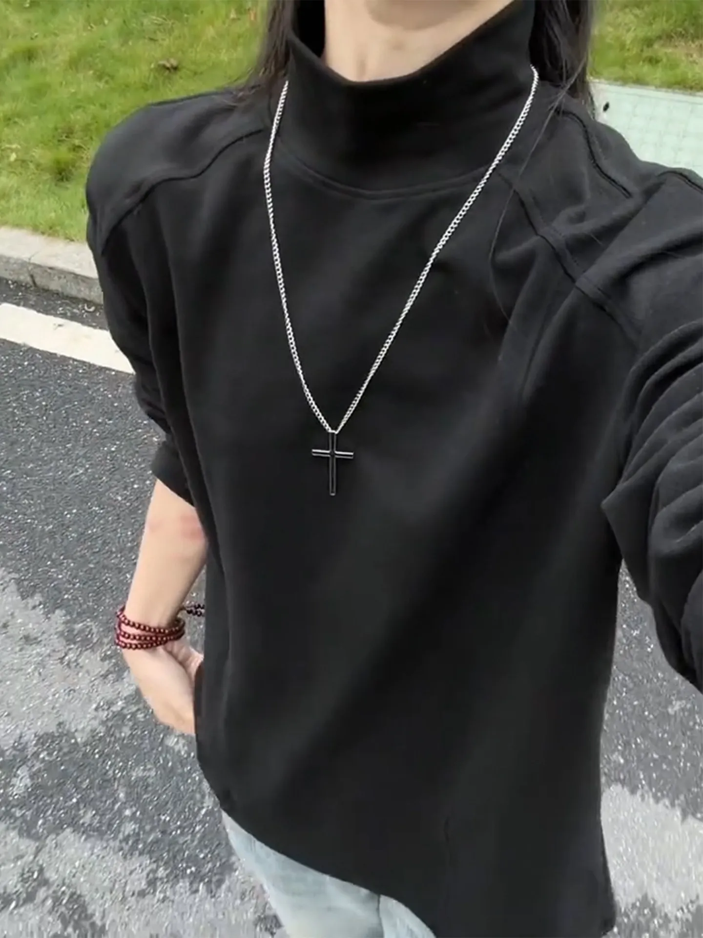 Black Half-High Collar Men's Long Sleeve T-Shirt Autumn Winter American Deconstructed Patchwork Sweatshirt Base Shirt