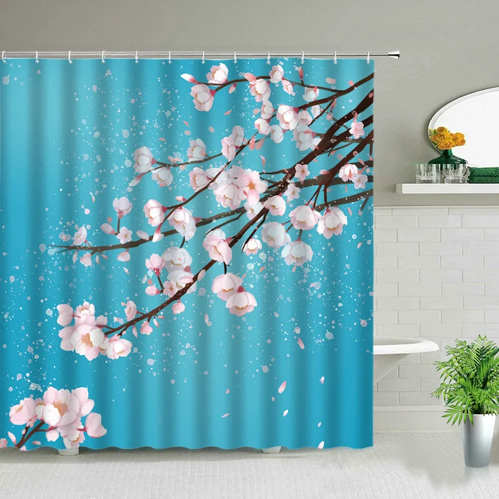 Modern Scenery Print Shower Curtains Pink Purple Flowers Trees Chinese Style Floral Bathroom Curtain Waterproof Fabric With Hook