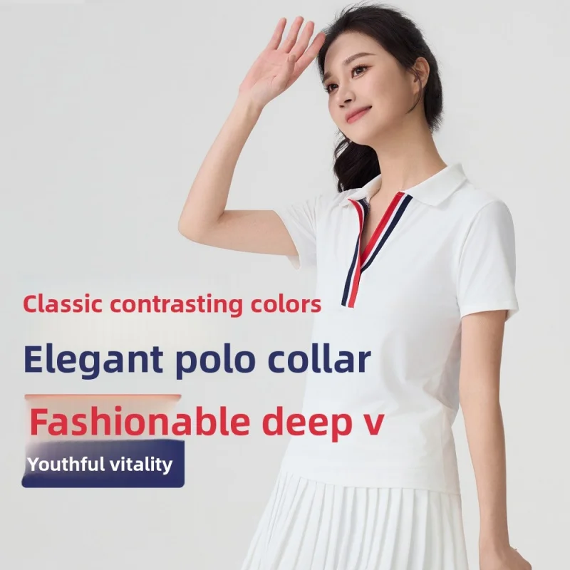 New color-blocking yoga wear for women, quick-drying and breathable with a turn-down collarpoloOutdoor fitness short-sleeve slim