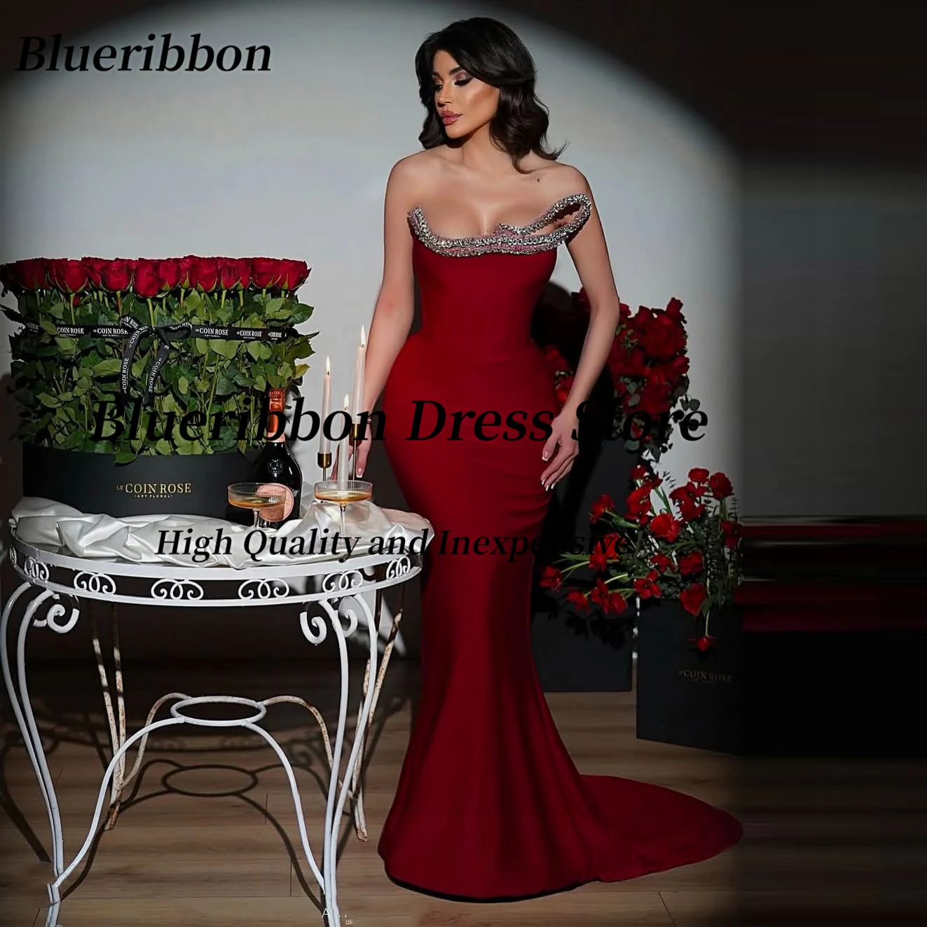 

Blueribbon Sweep Train Русалка Пром платья на заказ Бисероплетение без бретелек Vestidos Des Noches Сексуальное вечернее платье сзади по индивидуальному заказу