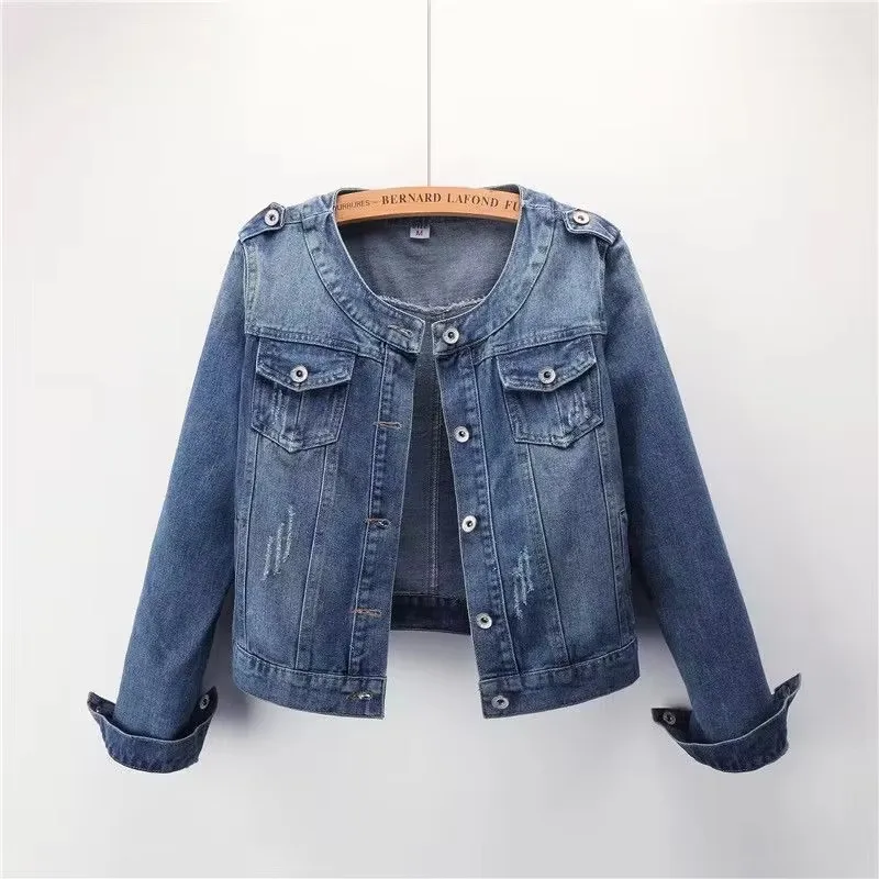 Jaket Denim kasual wanita, Atasan pakaian luar jaket Denim lengan panjang leher bulat Vintage musim gugur 2025