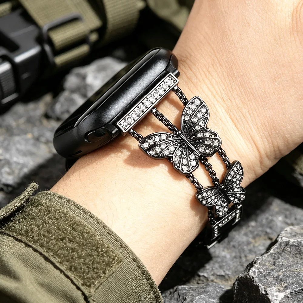Butterfly Metal Band for Apple Watch Ultra 4/3 49mm IWatch Series 12 11 10 9 8 SE 7 6 5 4 Breathable Fashion Rhinestone Strap - view 2