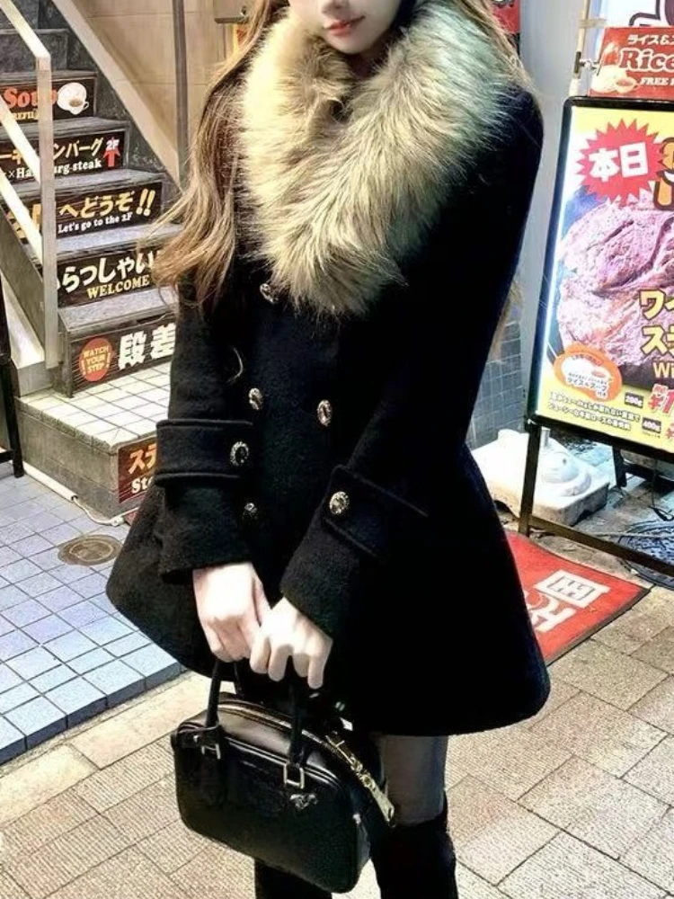 2025 New Winter Vintage Wool Coat Women Hepburn Style Elegant Fur Collar Design Blends Harajuku Y2k Party Slim Fit Warm Jackets