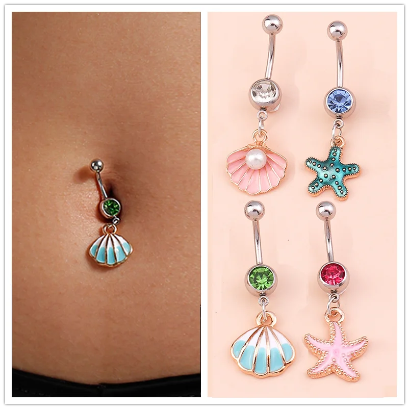 Aihua Fashion Animal Heart Shell Moon Eye Crystal Bell Button Rings for Women Piercing Navel Button Rings Sexy Body Jewelry