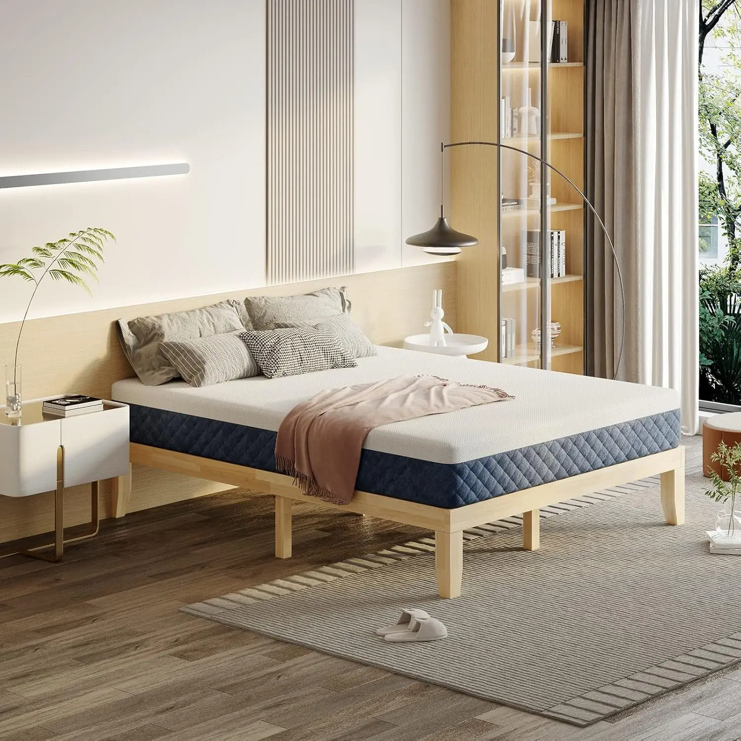 14 Inches Wood Platform Bed Frame King Size, Solid Wood Mattress Foundation with Rubber Wood Frame, Strong Poplar Slat