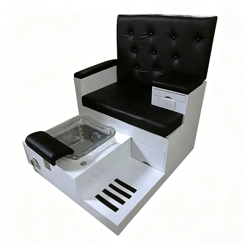 2026 New Black & White Tufted Pedicure Chair, Stationary Design with Glass Basin, Drawer and Footrest for Nail Salons.