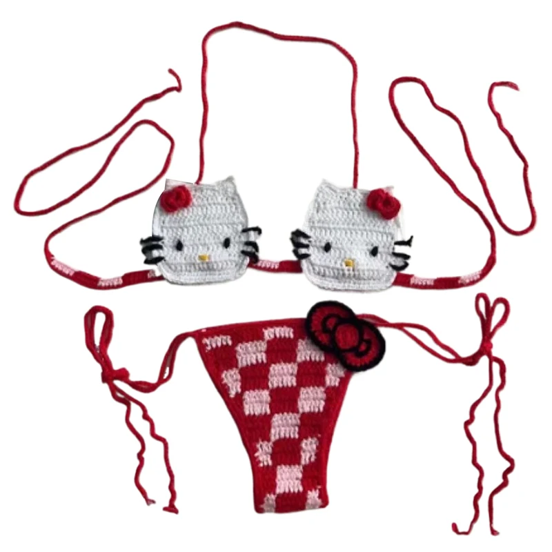 HelloKitty Handmade Brazil Crochet String Bikini Set Sexy Bathing Suit Checkered Red and Pink Bowknot Beachwear Swim Suits