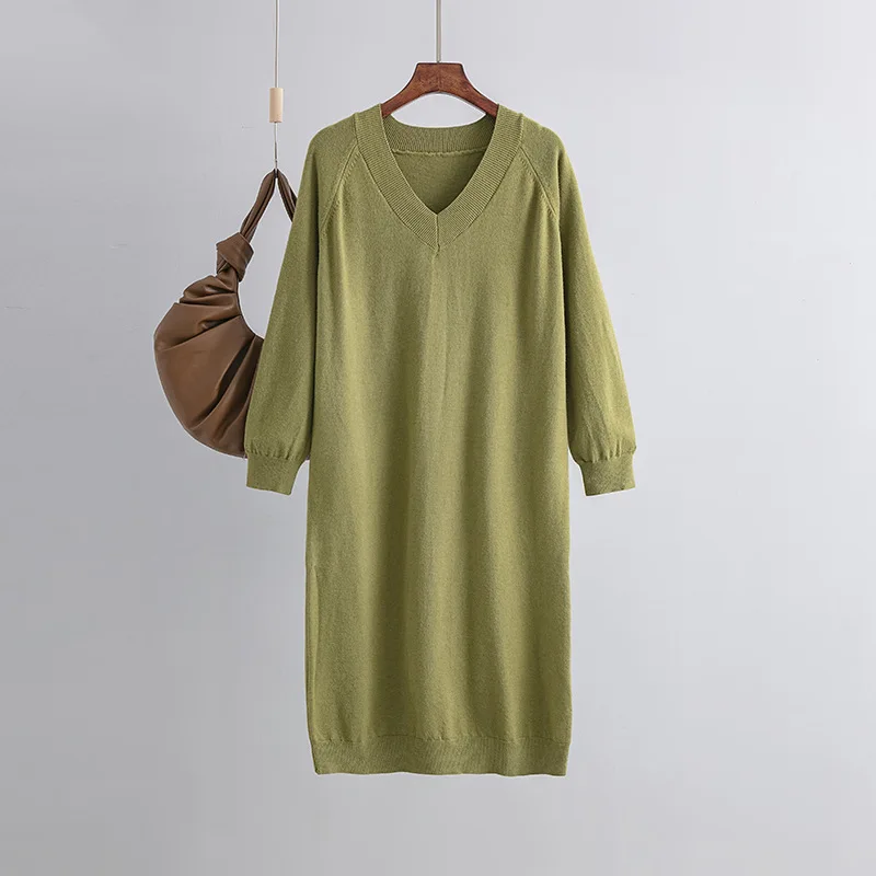 HLBCBG Autumn Winter wool V-NECK Long straight sweater Dress Women Casual oversize Sweater Dresses Maix Thick Basic Knit Dress