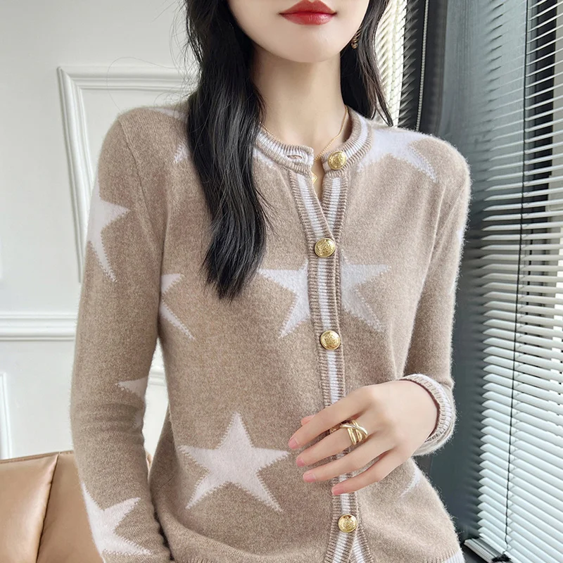 Autumn Winter New 100% Wool Women Clothing Fashion Round Neck Knitted Cardigan Casual Loose Embroidered Tops Long Sleeve Sweater