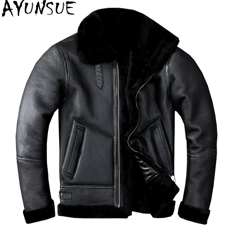 

AYUNSUE Men Vintage Real Shearling Coat Genuine Leather Jacket Man Lamb Wool Fur Coats Turn Down Collar Warm Winter Mens Jackets