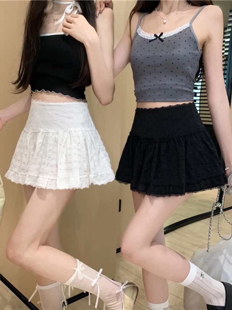 バレエレーストリムショートスカートレディース春カジュアルハイウエスト白ふわふわスカート通勤スタイルaラインシルエット