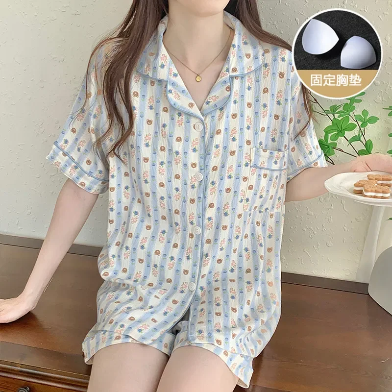 Pyjamas Women's Clothing Summer Short Sleeve Cardigan Chest Pads New Thin Home Loose Casual Soft High Quality  Cool Skinny Sweet