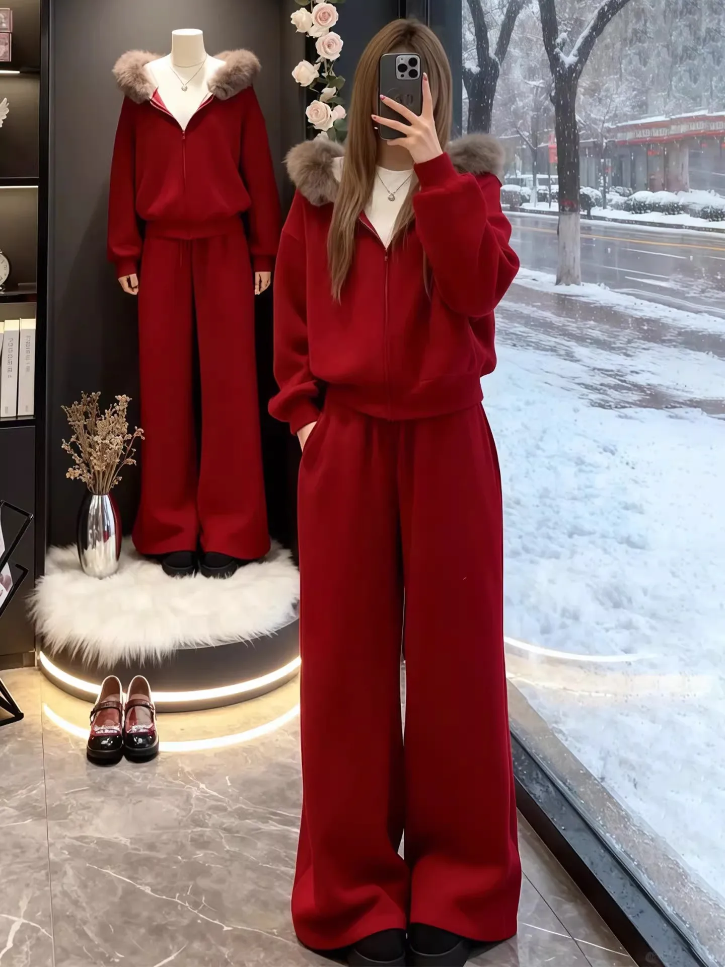 

Red Women's Autumn Winter Casual Style Fleece Lined Hoodie Jacket Wide Leg Pants Two Piece Set