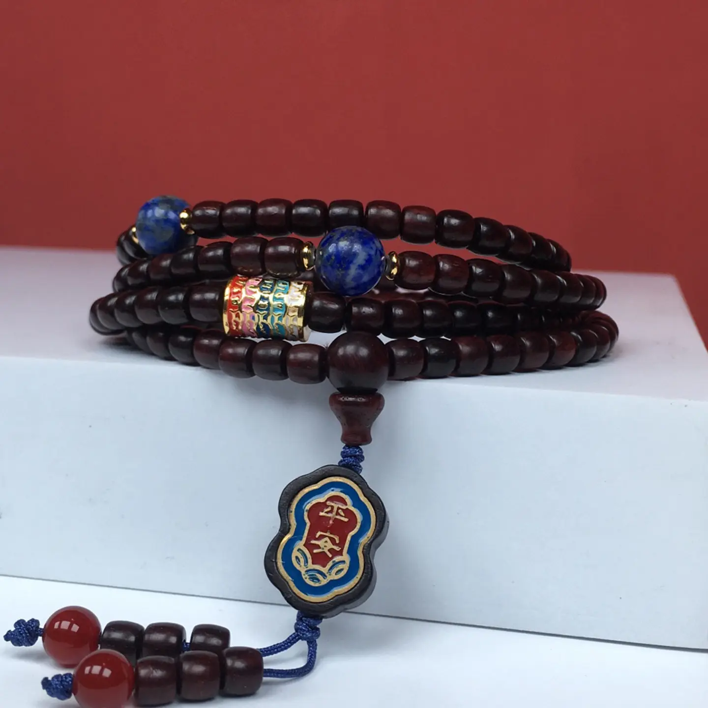 Handmade DIY Necklace: Indian Rosewood Bracelet, Lapis Lazuli & Purple Sandalwood Painted Pendant Gift
