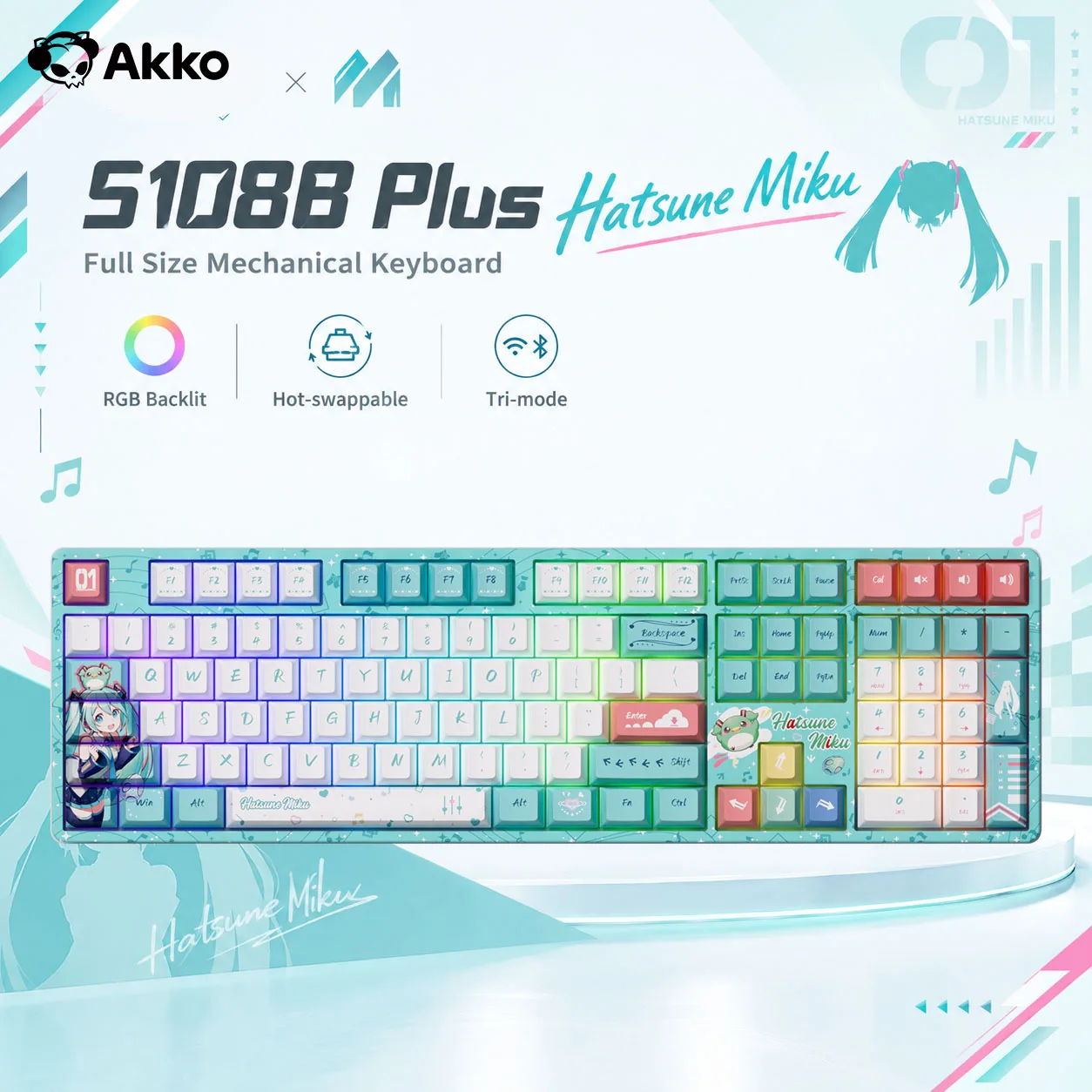 Akko 5108B Plus Wireless Mechanical Keyboard Hatsune Miku 100% Bluetooth/2.4GHz/Type-C Hot-swappable RGB Tri-mode Gaming Keyboar