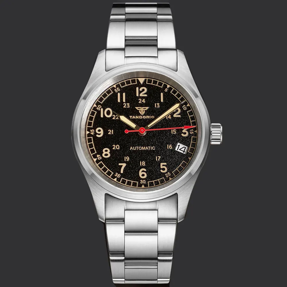 Tandorio 36MM NH35 Small Pilot Aviator Automatic 20ATM Waterproof Wristwatch Military Oil Crow Dial 3.8 Date Arrow Hands