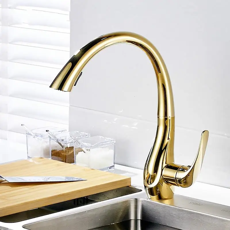 Kitchen Faucet Pull Out Golden Plate All Around Swivel Spout Hot and Cold Spray Head Kitchen Taps Mixer