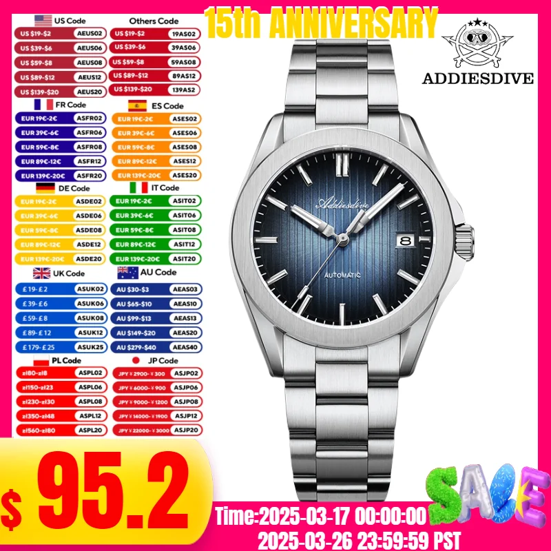 

ADDIESDIVE 38mm Men Casual Watch Sapphire Crystal BGW9 Blue Luminous 200m Diving Sunburst Japan NH35A Automatic Mechanical Watch