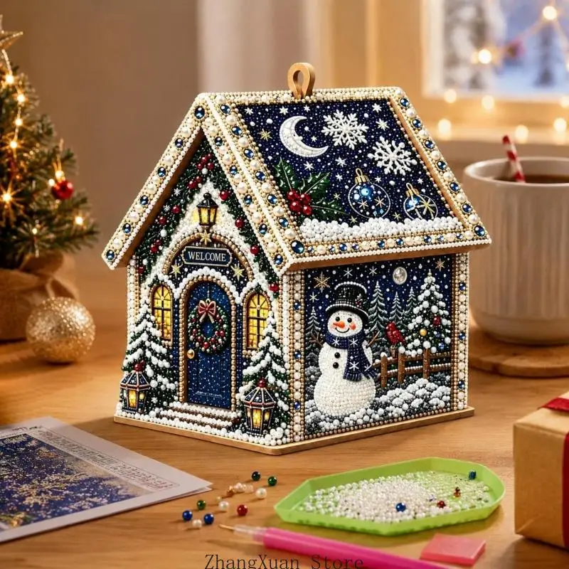 DIY-Weihnachtsperlen-Kunstset mit Strassstein-Gemäldestück und Perlen-Akzenten für eine abschließende hausförmige Präsentation – Detail 8