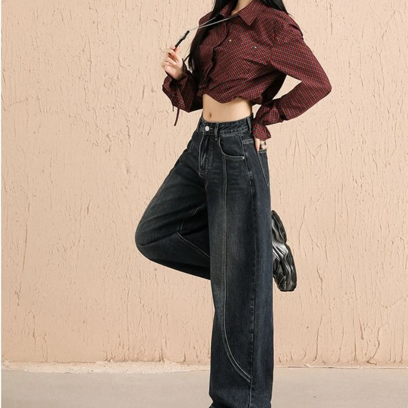 Celana Jeans Wanita Model Retro Y2K 2000-an, Celana Lurus High-waisted untuk Mengangkat Bokong