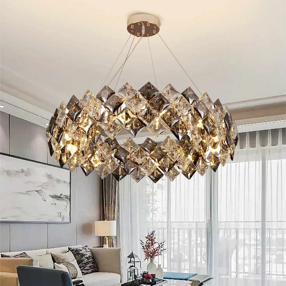 

Led Chandelier Living Room Decoration Simple Dimmer Round Hanging Lamp For Bedroom Smoke Gray Crystal Rectangle Kitchen Light