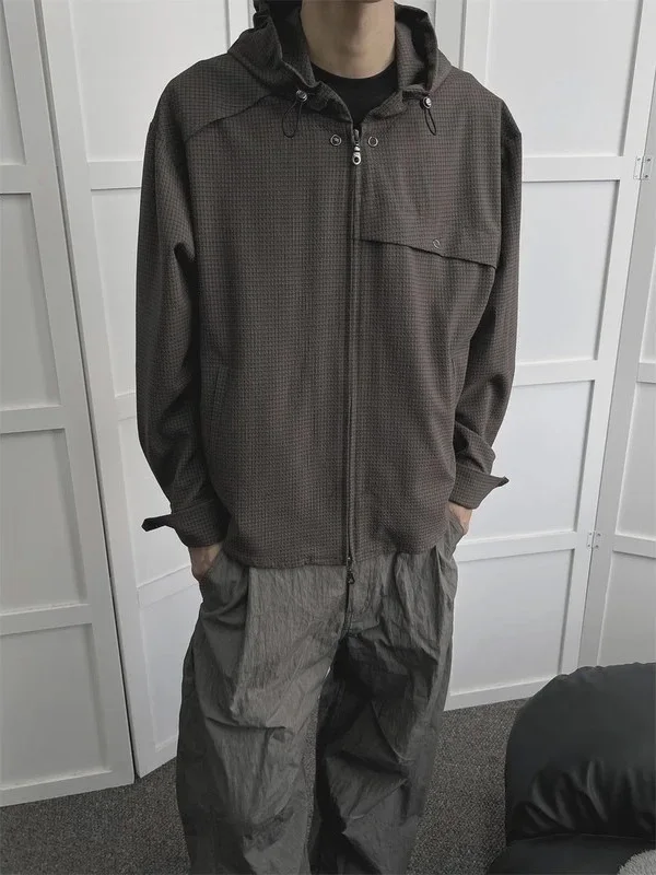 

Мужская клетчатая куртка-бомбер с капюшоном, осенняя, широкого кроя, модная, из полиэстера, однотонная, в стиле Cleanfit, повседневная куртка